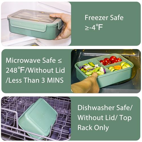 Caperci Classic Bento Box Adult Lunch Box for Older Kids - Leakpoof 47 oz 3-Compartment Lunch Containers for Adults and Teens, Built-in Utensil Set, Ideal for On-the-Go Balanced Eating,Khaki Green - color: Khaki Green