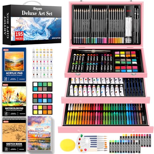 iBayam Pink Art Supplies, Color Drawing Sets, Teen Girl Gifts Trendy Stuff | 3 Sketchbook Set, 3 Canvases, Acrylic Paints, Watercolor, Colored Pencils, Crayons, Pastels in Pink Wooden Case for Kids 4-16 - color: Pink