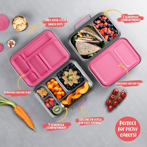 AOHEA Stainless Steel Bento Box Kids, Kids Metal Bento Lunch Box BPA Free Lunch Box Containers 304 Stainless Steel Bento Box for School and Office(Pink) - color: Pink-05