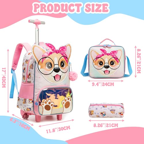 Meetbelify Backpack with Wheels for Girls Rolling Backpack Cute Carry on Backpack Kids Luggage with Lunch Box Pencil Case for Elementary Student - color: Dog