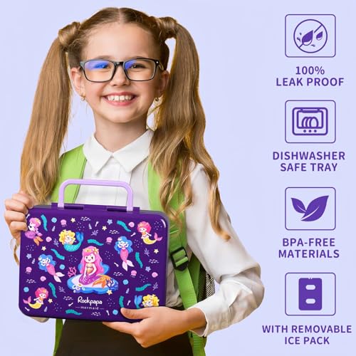rockpapa Chill Bento Box for Kids- Large 5.5 Cups Lunch Box with Ice Pack - 5 Compartments, BPA-Free, Leak Proof, with Utensils & Portable Handle, Microwave/Dishwasher Safe (Purple Mermaid) - color: Purple Mermaid
