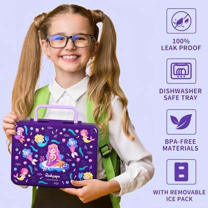 rockpapa Chill Bento Box for Kids- Large 5.5 Cups Lunch Box with Ice Pack - 5 Compartments, BPA-Free, Leak Proof, with Utensils & Portable Handle, Microwave/Dishwasher Safe (Purple Mermaid) - color: Purple Mermaid