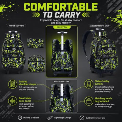 3Pcs Rolling Backpack for Boys, Men Roller Bag with Wheels for Adults, 19 Inche Graffiti Wheeled Bookbag with Lunch Box(Green) - color: Graffiti Green