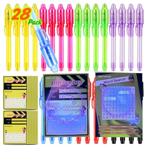 D&N Lifestyle Invisible Ink Pens for Kids, 28 Pack UV Secret Message Pens with Light & Activity Cards, End of School Year Gifts for Students, Party Favors, Goodie Bag Stuffers