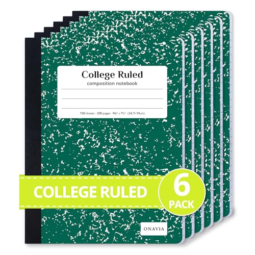 ONAVIA Composition Notebook College Ruled 6 Pack, 200 Pages (100 Sheets), 9-3/4 x 7-1/2, Marble Composition Books Bulk, Notebooks for School, Work, Office, Durable Comp Book, School Supplies, Green | 100 ct, 9.75 x 7.5 in, Durable Comp Book, School Notebo