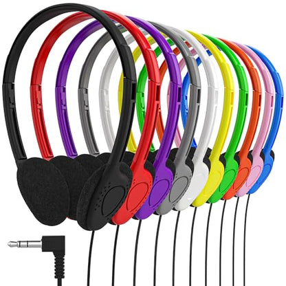 Maeline Bulk Classroom Student Headphones On Ear Stereo Headphones Flexible Adjustable Band for Kids Online Learning, Library, School, Airplane, Travel - 3.5mm Plug - 20 Pack - Multi - color: Multi, size: 20 Pack