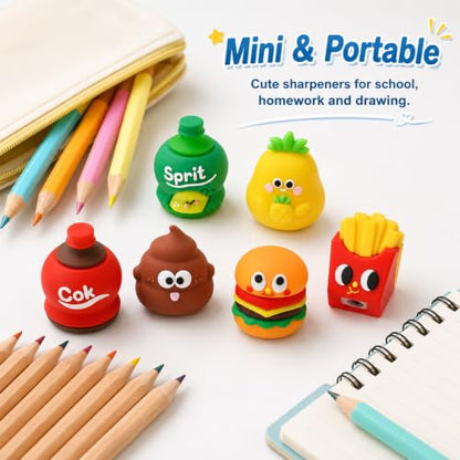 6 PCS Cute Pencil Sharpeners for Kids, Pencil Sharpener Manual (Style 1) | Cute Food Shapes, Compact Travel Size, Smooth Sharpening, Built-in Blade, Easy to Carry, Adorable Desktop Decor - style: Style 1