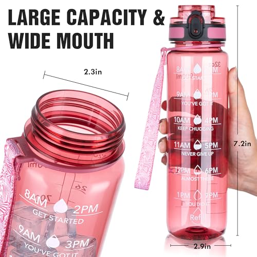 OLDLEY Water Bottle, 32oz Motivational Sports Water Bottle with Time Marker - Times to Drink - Tritan, BPA Free, Wide Mouth Leakproof,Clear Red - color: Clear Red