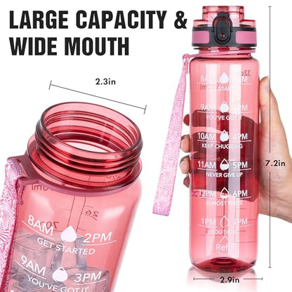 OLDLEY Water Bottle, 32oz Motivational Sports Water Bottle with Time Marker - Times to Drink - Tritan, BPA Free, Wide Mouth Leakproof,Clear Red - color: Clear Red