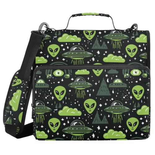 Aliens UFO Green Zipper Binder 3 Ring with Shoulder Strap | Multi-Pocket Organizer, 2 Inch Binder Holds 500 Sheets, Zipper Binders Organizer for School Students Office - color: Multicolored.11