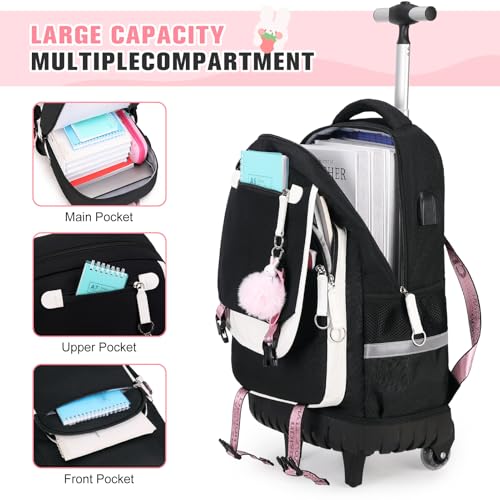 Bevalsa Rolling Backpack for Girls, 3PCS Roller School Backpack Set | with Lunch Box & Pencil Case, Kids Bookbag with Wheels for Teen Girls Elementary Middle High School Students - color: Black White
