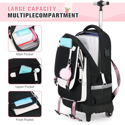 Bevalsa Rolling Backpack for Girls, 3PCS Roller School Backpack Set | with Lunch Box & Pencil Case, Kids Bookbag with Wheels for Teen Girls Elementary Middle High School Students - color: Black White