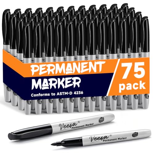 VEESA Black Permanent Markers Fine Tip, 75 Pack, German Ink | Quick Drying, Fade Resistant, Marks on Paper, Glass, Ceramic, Plastic, Wood, Rock, Metal - size: 1 Count (Pack of 75)