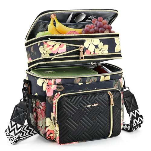 LOKASS Lunch Box & Lunch Bag for Women Men Double Deck, Large Insulated Adult Lunch Box Leakproof Lunchbox Cooler Bag for Work Picnic Beach,（Floral 16L） - color: Floral