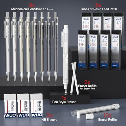WUO 0.5&0.7mm Mechanical Pencil Set with Eraser Pen, 8PCS Metal Mechanical Pencils, 480 HB Lead Refills, 3PCS 4B Erasers, 10PCS Eraser Refills for Writing, Drafting, Drawing & Sketching