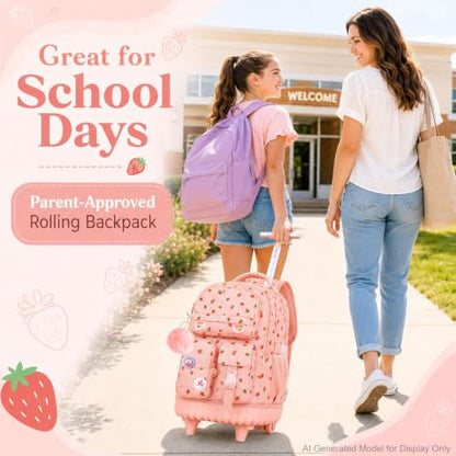 WZLVO 3PCS Wheeled Backpack, Water Resistance Rolling Bookbag for Girls, Women Aesthetic Roller School Bag Set with Lunch Box & Pencil Bag for Teens & Kids - Pink Strawberry - color: 3pcs Girls Rolling Backpack - Pink Strawberry