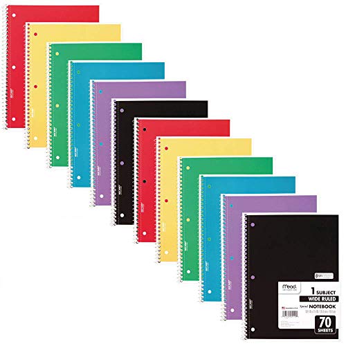 Mead Spiral Notebook, 12 Pack, 1 Subject, Wide Ruled Paper, 7-1/2" x 10-1/2", 70 Sheets per Notebook, Colors Will Vary (930202-ECM25) - size: Pack of 12