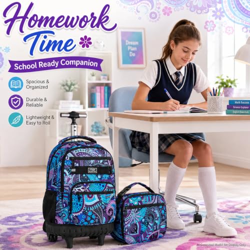 AGSDON Rolling Backpack for Girls, Women Roller Wheels Bookbag, Laptop Flower Wheeled School Bag with Wheels for Teens - color: Purple