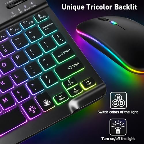 Backlit Bluetooth Keyboard and Mouse for iPad, Rechargeable Slim Portable Wireless Keyboard and Mouse for iPad Tablets, Compatible for All iOS/Windows/Android System Devices-Black