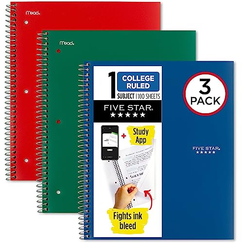 Five Star Spiral Notebook + Study App, 3 Pack, 1 Subject, College Ruled Paper, 100 Sheets, 8-1/2" x 11", Forest Green, Fire Red, Pacific Blue (820189-ECM) - color: Forest Green, Fire Red, Pacific Blue
