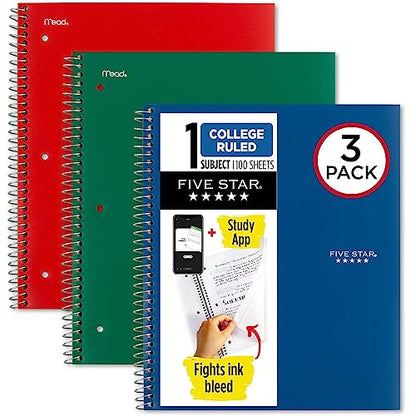 Five Star Spiral Notebook + Study App, 3 Pack, 1 Subject, College Ruled Paper, 100 Sheets, 8-1/2" x 11", Forest Green, Fire Red, Pacific Blue (820189-ECM) - color: Forest Green, Fire Red, Pacific Blue