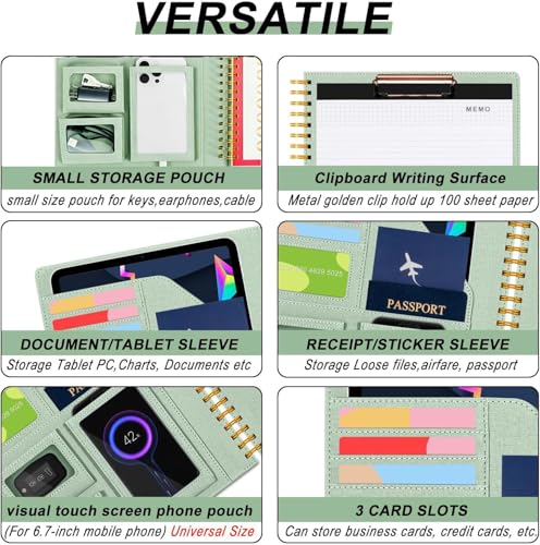 Sauge Foldable Spiral Clipboard Folio with Storage Zipper Pouch, 5 Plastic Folders with Pockets,Refillable Lined Notepad (8.5" x 11"), Hardcover Project Organizer with 36 Stickers - color: 1-sauge