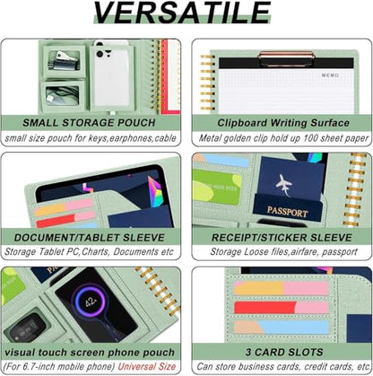 Sauge Foldable Spiral Clipboard Folio with Storage Zipper Pouch, 5 Plastic Folders with Pockets,Refillable Lined Notepad (8.5" x 11"), Hardcover Project Organizer with 36 Stickers - color: 1-sauge