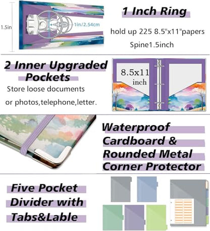 3 Ring 1 Inch Binder Organizer, BVSSX Three Ring Binders with Clipboard, 5-Tabs Pockets Dividers, Plastic Folder, 18 Divider Stikers,Pen Loop (Rainbow Trail, Letter Size) - color: Rainbow Trail, size: 1in（Letter Size）