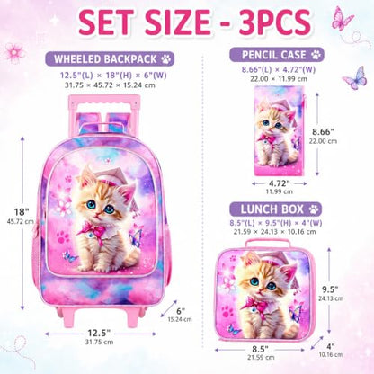 AGSDON 3PCS Rolling Backpack for Girls and Boys, Kids Roller Wheels Bookbag, Wheeled Elementary School Bag with Lunch Bag - color: Doctor Cat