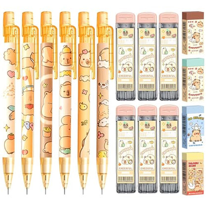 Cute Capybara Mechanical Pencil Set,6Pcs 0.5mm Capybara Mechanical Pencils with 600Pcs 0.5mm Pencil Leads,4Pcs Capybara Erasers,Kawaii Cartoon Pencils for Office School Supplies