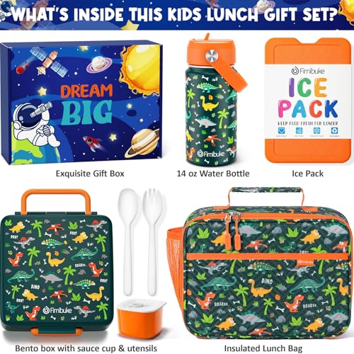 Fimibuke Kids Bento Lunch Box with 4 Compartments, Insulated lunch Bag, Stainless Steel Insulated Water Bottle, Ice Pack & Utensils Set, Birthday Gifts for Ages 3-12 Back to School Toddler Girls Boys - color: A6. Green Dinosaur