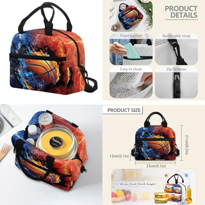 Flaming Basketball Print Backpack Set, 4 PCS Daily School Bag with Lunch Box, Pencil Case and Water Bottle Cover, for Elementary Students Ages 9-12 Outdoor Travel - color: Flaming Basketball Print