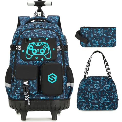 Scothen Rolling Backpack for Boys, Cool Luminous Gamer Roller School Backpacks for Boys with Lunch Bag and Pencil Pouch, Kids Backpack Bookbag with Wheels for Kindergarten Elementary Middle School - color: Blue Print