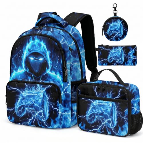 Game Backpack Set for Boys Kids, Gaming Kids Boys Backpack with Lunch Box, Pencil Bag and Coin Purse. Game School Bag 17" (Blue) - color: Blue-2