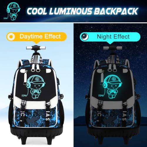 Bevalsa Rolling Backpack for Boys, Roller Backpack with Wheels, Wheeled School Bag with Sling Bag, Lunch Box & Pen Case for Kids Children Teens Elementary Middle Student Glow In The Dark - color: Blue