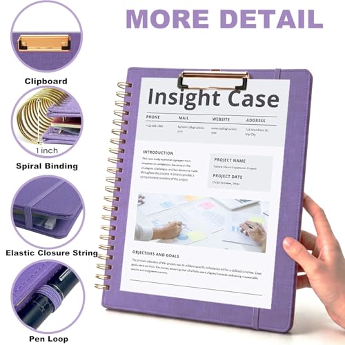 Purple Foldable Spiral Clipboard Folio with Storage Zipper Pouch, 5 Plastic Folders with Pockets,Refillable Lined Notepad (8.5" x 11"), Hardcover Project Organizer with 36 Stickers - color: Purple