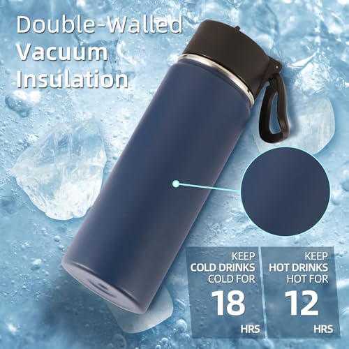 Volhoply 20oz Insulated Stainless Steel Water Bottle with Straw Lid, Kids Wide Mouth Double Wall Vacuum Cups with Handle,Reusable Outdoor Sports Metal Bottles,Travel Flask Keep Cold&Hot(Navy,1) - color: Nvay