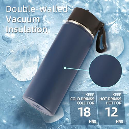 Volhoply 20oz Insulated Stainless Steel Water Bottle with Straw Lid, Kids Wide Mouth Double Wall Vacuum Cups with Handle,Reusable Outdoor Sports Metal Bottles,Travel Flask Keep Cold&Hot(Navy,1) - color: Nvay