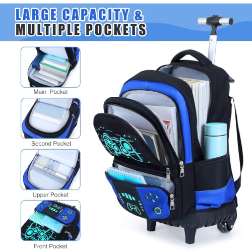 Bevalsa Rolling Backpack for Boys,Cool Luminous Gamer Roller School Backpacks with Lunch Box & Pencil Case,Kids Wheeled Schoolbag Bookbag with Wheels for Kindergarten Elementary School Travel - color: Blue Game