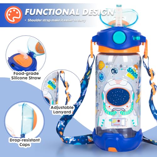Kids Water Bottle with Straw/Lanyard for School Kids Girls Boys, 22oz BPA Free Child Drinking Water Bottle One-Click-Open Leak-Proof Locking Flip Lid for School Sport Travel - color: H05. Space