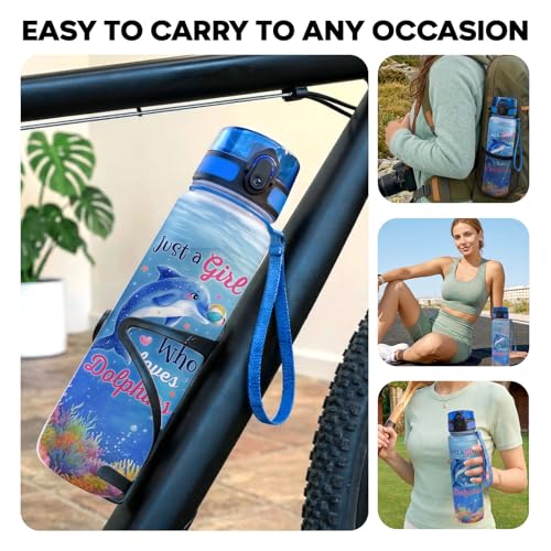 34HD Dolphin Water Bottle with Time Marker & Straw 32 oz, Just A Girl Who Loves Dolphins, Birthday Gifts for Women & Girls Cute Ocean Life Merch Aesthetic Sea Animal - color: Blue dolphin