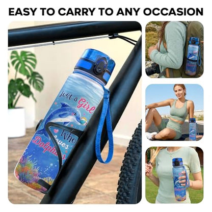 34HD Dolphin Water Bottle with Time Marker & Straw 32 oz, Just A Girl Who Loves Dolphins, Birthday Gifts for Women & Girls Cute Ocean Life Merch Aesthetic Sea Animal - color: Blue dolphin