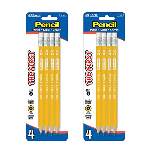 BAZIC PRODUCTS The First Jumbo #2 Yellow Pencils, Eraser, 4 Count, 2-Pack | eraser top, beginners, preschool, early grades learning to write - size: 2 Count (Pack of 1)