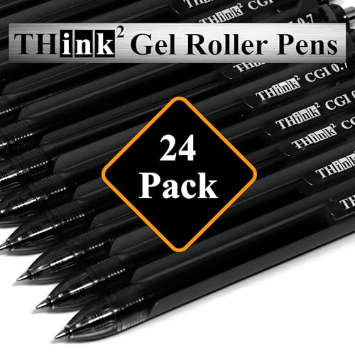 [24 Pens - Black Ink] Think2 0.7mm CGI Retractable Gel Pens. (24 Black) Medium Point Rollerball Pens with Smooth Quick Drying Ink. - color: Black