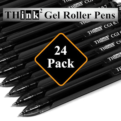 [24 Pens - Black Ink] Think2 0.7mm CGI Retractable Gel Pens. (24 Black) Medium Point Rollerball Pens with Smooth Quick Drying Ink. - color: Black