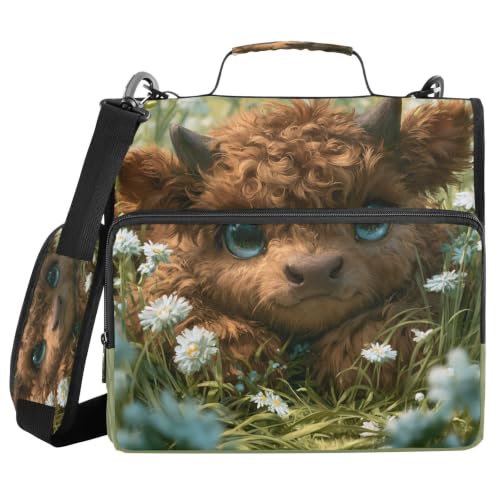 Cute Highland Cow Daisy Zipper Binder 3 Ring with Shoulder Strap | Multi-Pocket Organizer, 2 Inch Binder Holds 500 Sheets, Zipper Binders Organizer for School Students Office - color: Multicolored.14