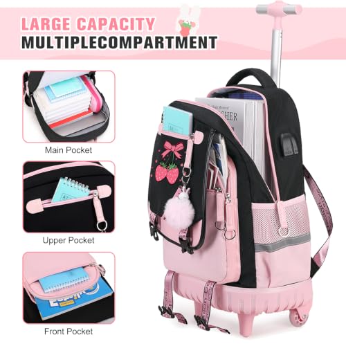 Bevalsa Rolling Backpack for Girls, 3PCS Roller School Backpack Set | with Lunch Box & Pencil Case, Kids Bookbag with Wheels for Teen Girls Elementary Middle High School Students - color: Pink Strawberry