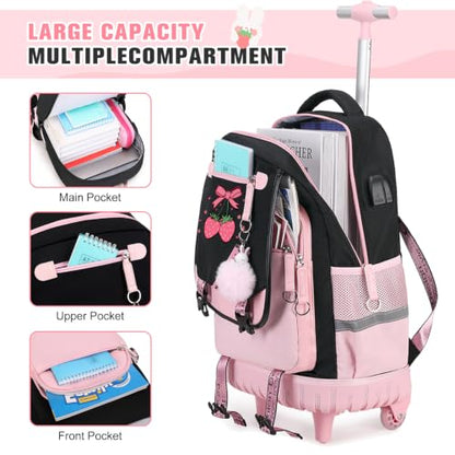 Bevalsa Rolling Backpack for Girls, 3PCS Roller School Backpack Set | with Lunch Box & Pencil Case, Kids Bookbag with Wheels for Teen Girls Elementary Middle High School Students - color: Pink Strawberry