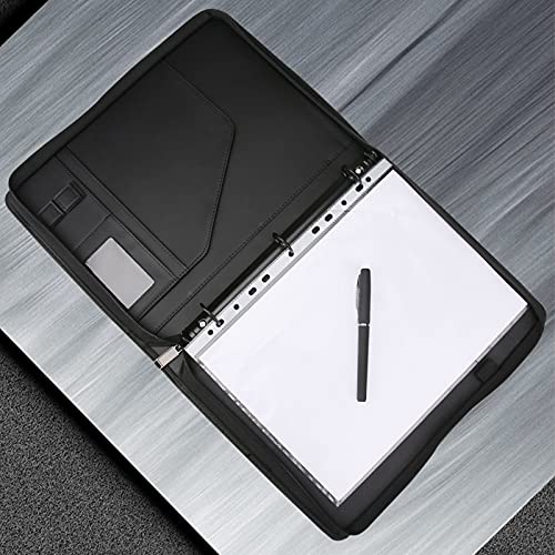 Zippered Portfolio 3 Ring Binder with 8 Pockes, Leather Business Padfolio with Zipper, A4 Document Binder Organizer for School Office