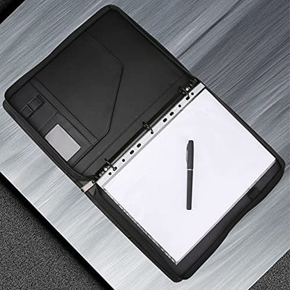 Zippered Portfolio 3 Ring Binder with 8 Pockes, Leather Business Padfolio with Zipper, A4 Document Binder Organizer for School Office